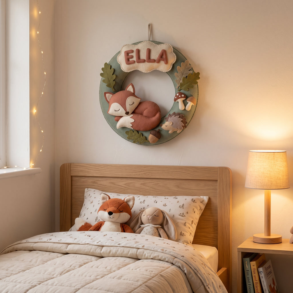 Felt Wreath, Personalized Woodland Name Sign, Fox Nursery Decor, Baby Shower Gift