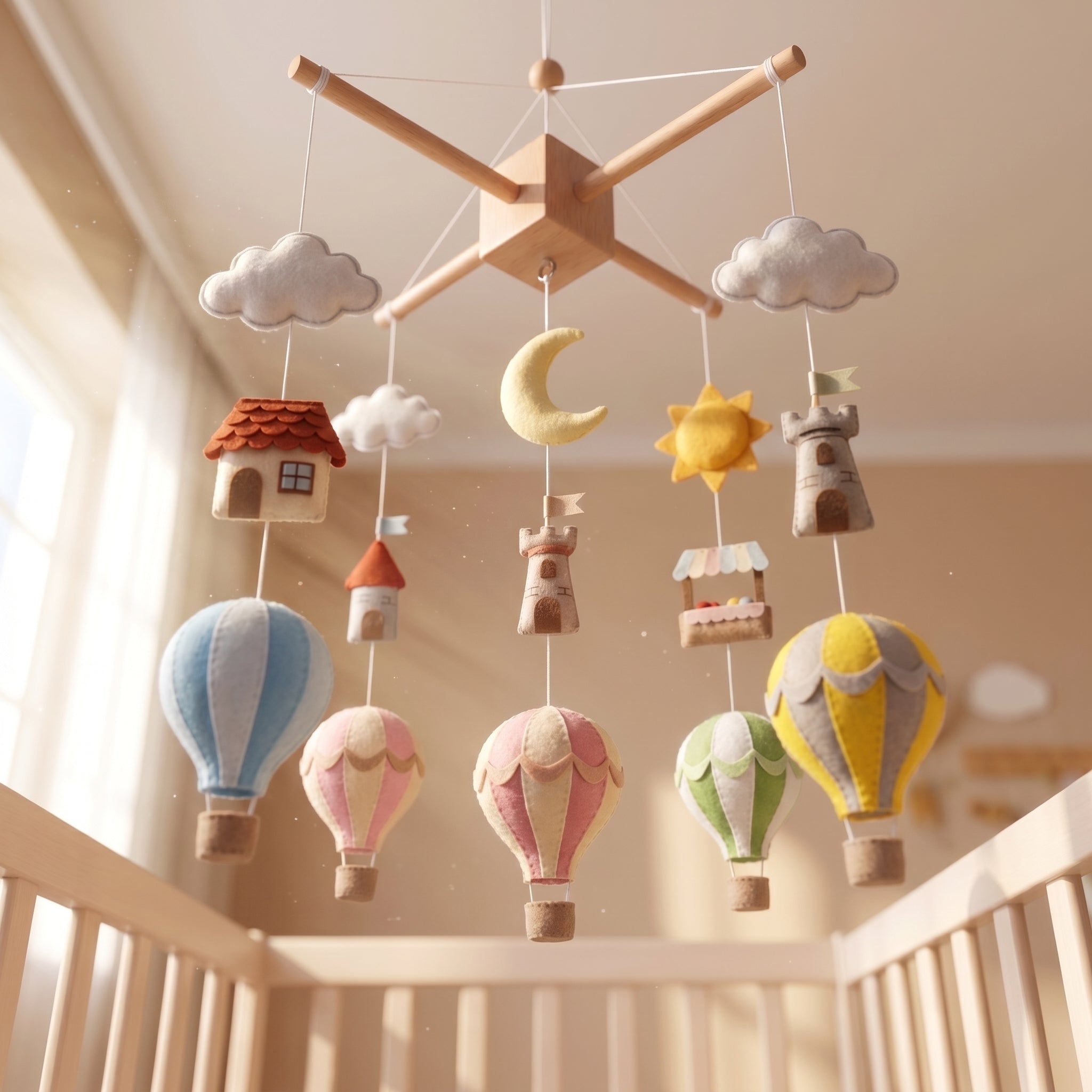 Handmade felt baby mobile featuring colorful hot air balloons, castles, a moon, and sun hanging over a wooden baby crib, adventure-themed nursery decor