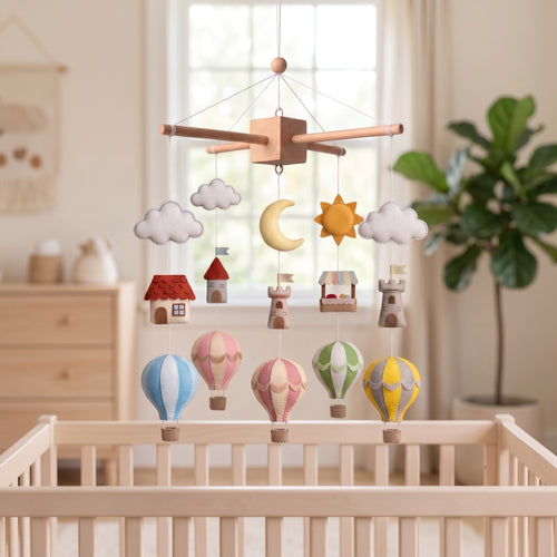 Adventure Nursery Mobile, Felt Crib Mobile, Balloon and Castle Baby Decor, Personalized Travel Theme Gift