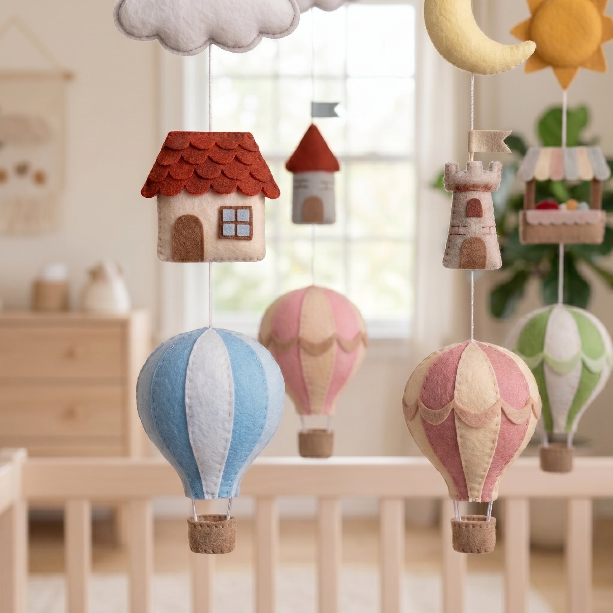 Adventure Nursery Mobile, Felt Crib Mobile, Balloon and Castle Baby Decor, Personalized Travel Theme Gift