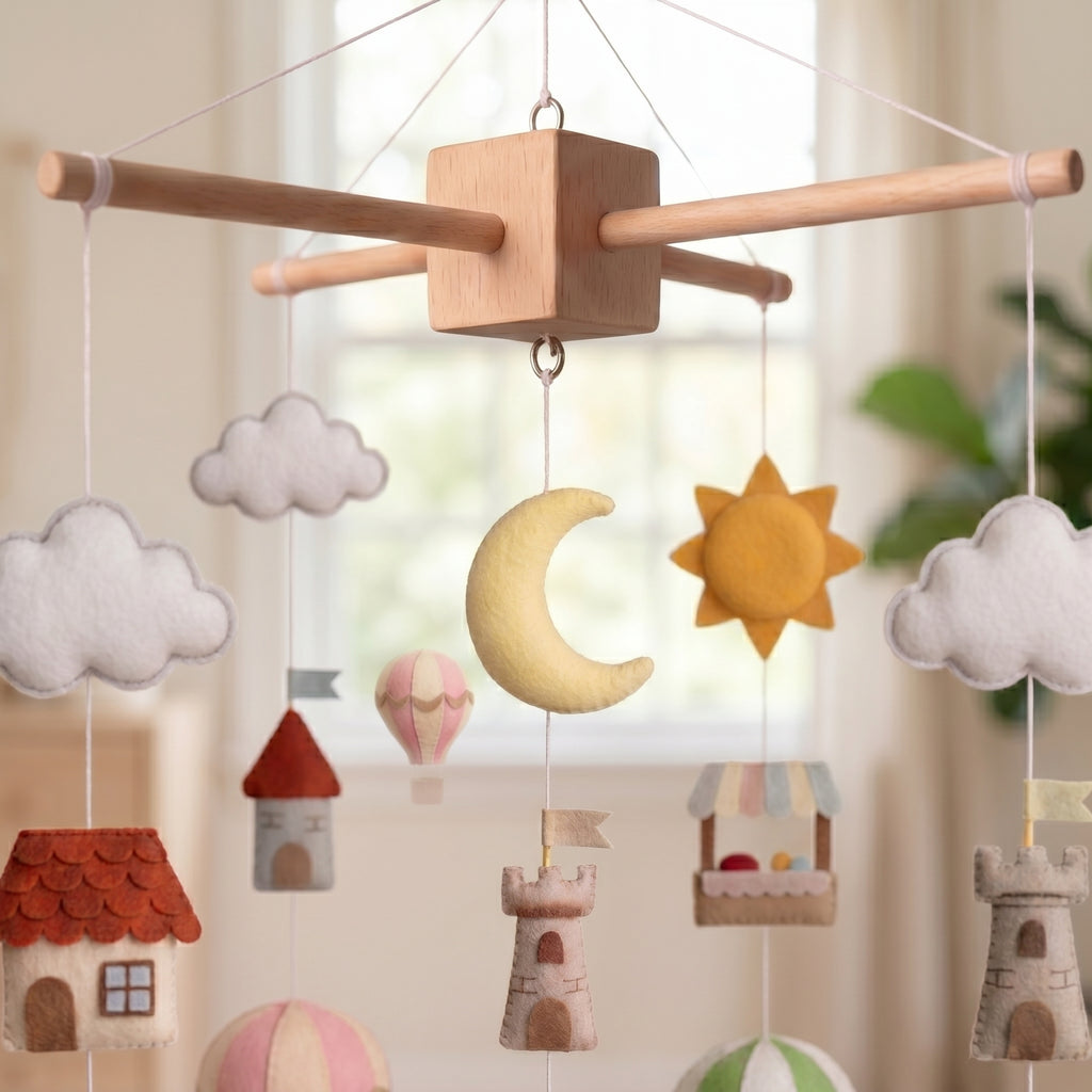 Adventure Nursery Mobile, Felt Crib Mobile, Balloon and Castle Baby Decor, Personalized Travel Theme Gift