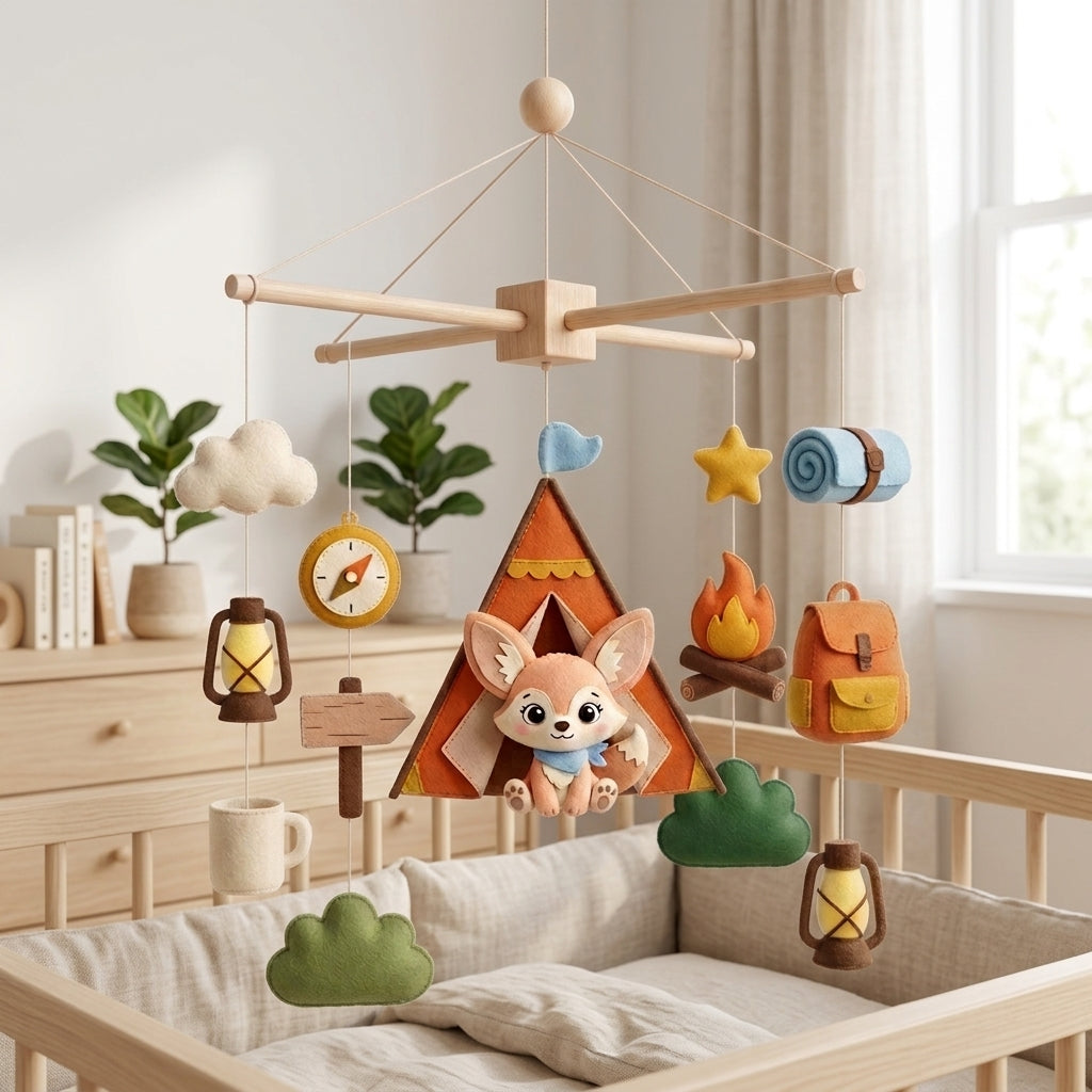 Adventure Nursery Mobile, Felt Crib Mobile, Personalized Camping Baby Decor, Unique Explorer Theme Gift