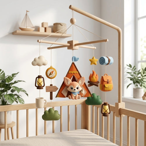 Handmade felt baby mobile featuring a fox in a tent, campfire, compass, and camping gear hanging from a wooden frame over a baby crib, adventure-themed nursery decor