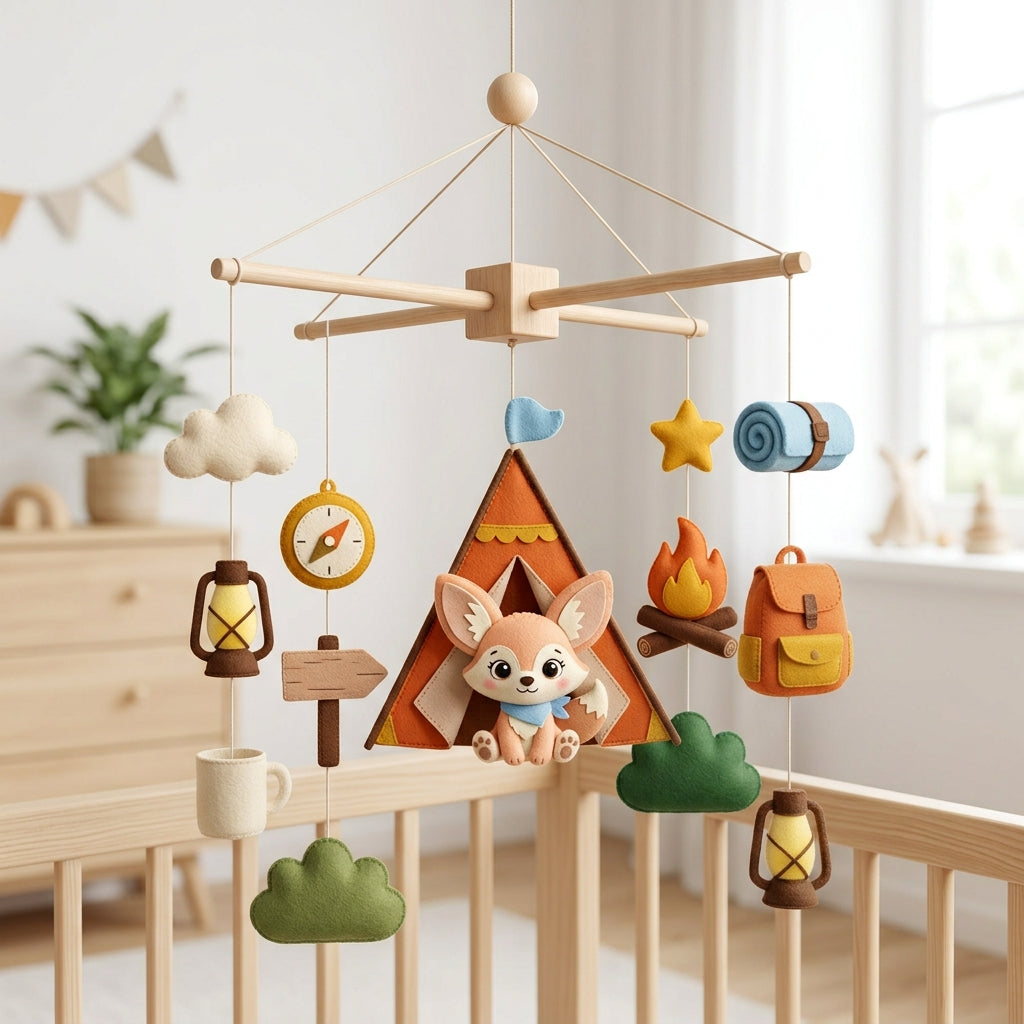 Adventure Nursery Mobile, Felt Crib Mobile, Personalized Camping Baby Decor, Unique Explorer Theme Gift