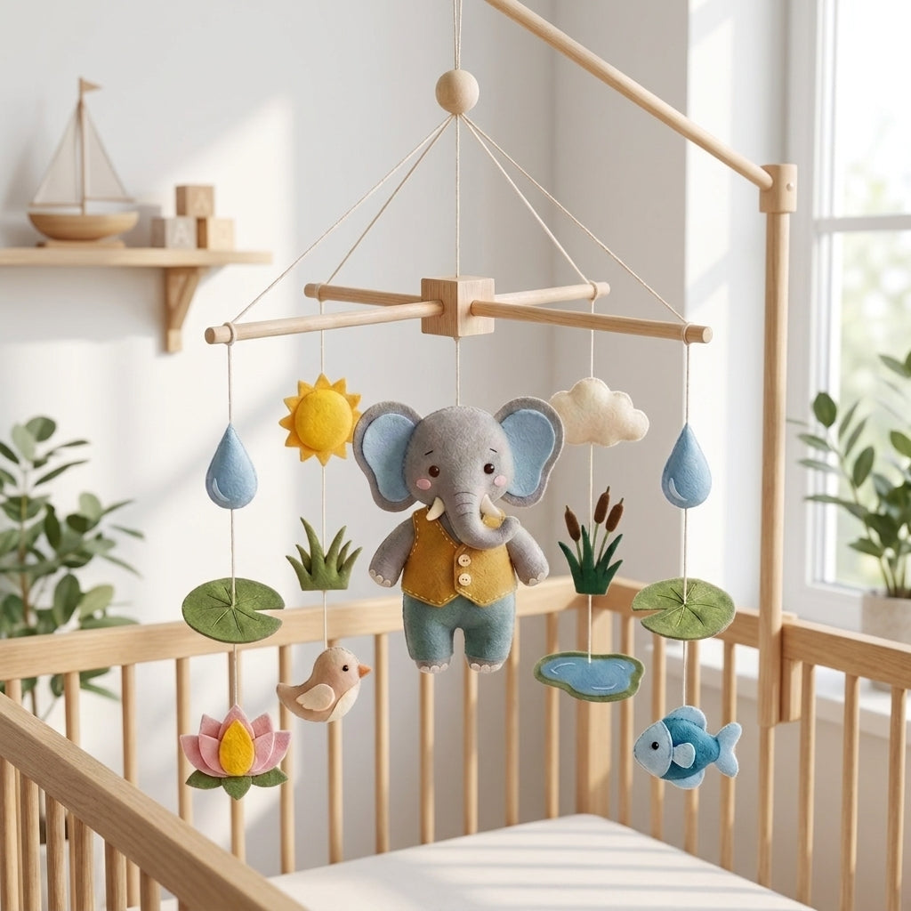 Handmade felt baby mobile featuring a central elephant wearing a vest, surrounded by lotus flowers, fish, pond plants, and raindrops hanging from a wooden frame over a baby crib, pond-themed nursery decor.