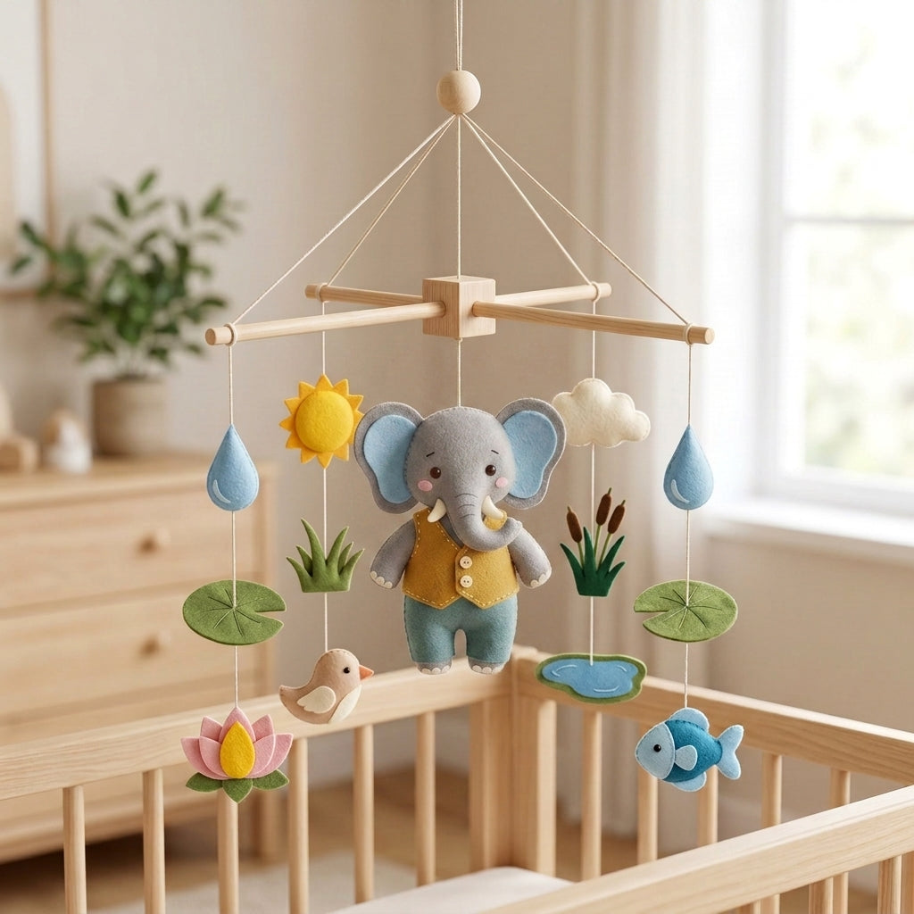 Animal Nursery Mobile, Felt Crib Mobile, Elephant and Lotus Baby Decor, Personalized Nature Theme Gift