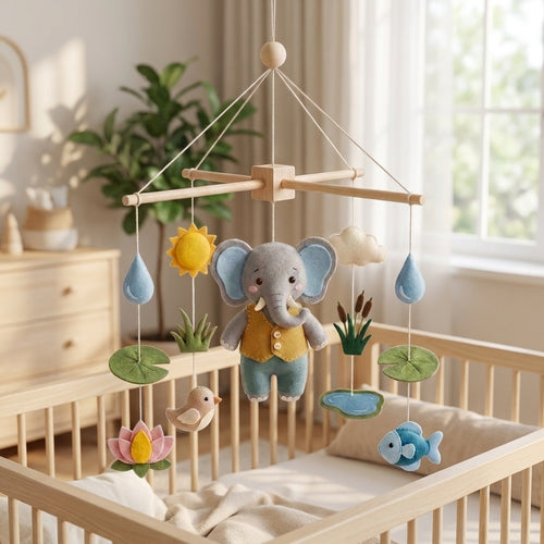 Animal Nursery Mobile, Felt Crib Mobile, Elephant and Lotus Baby Decor, Personalized Nature Theme Gift