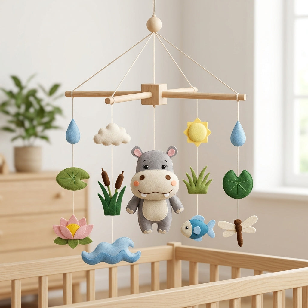 Animal Nursery Mobile, Felt Crib Mobile, Hippo and Lotus Baby Decor, Personalized Nature Theme Gift