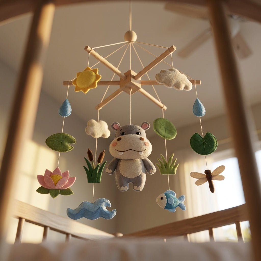 Animal Nursery Mobile, Felt Crib Mobile, Hippo and Lotus Baby Decor, Personalized Nature Theme Gift