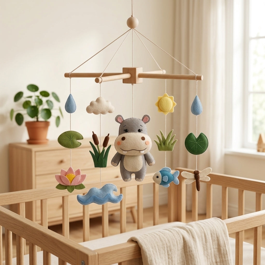 Animal Nursery Mobile, Felt Crib Mobile, Hippo and Lotus Baby Decor, Personalized Nature Theme Gift