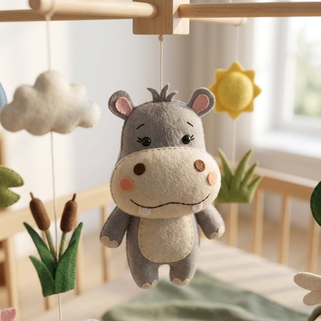 Animal Nursery Mobile, Felt Crib Mobile, Hippo and Lotus Baby Decor, Personalized Nature Theme Gift