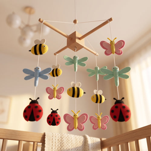 Handmade felt baby mobile featuring colorful bees, butterflies, dragonflies, and ladybugs hanging over a wooden baby crib, insect-themed nursery decor.