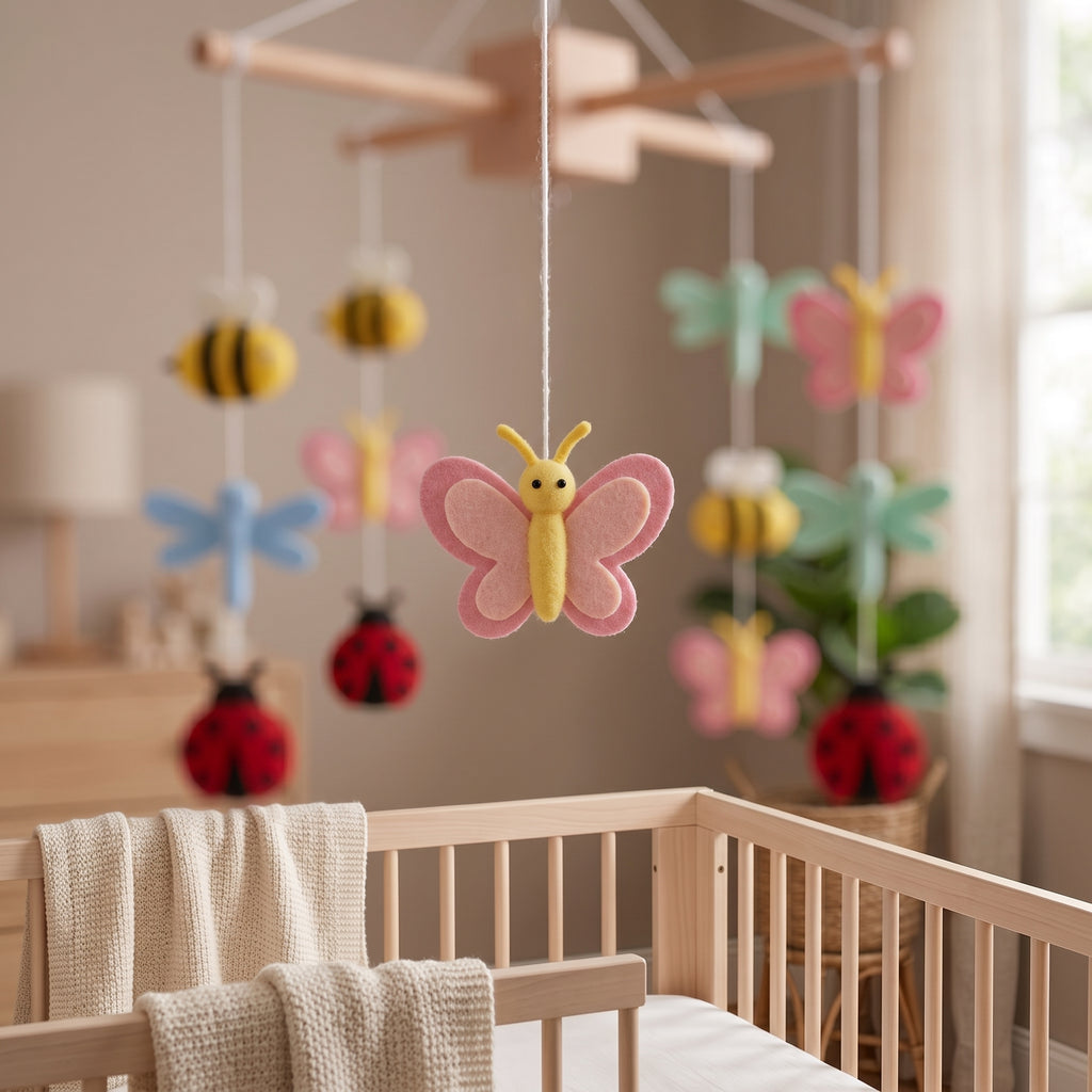 Baby Mobile, Felt Bug Theme Decor, Colorful Insect Crib Mobile, Unique Nursery Room Accessory