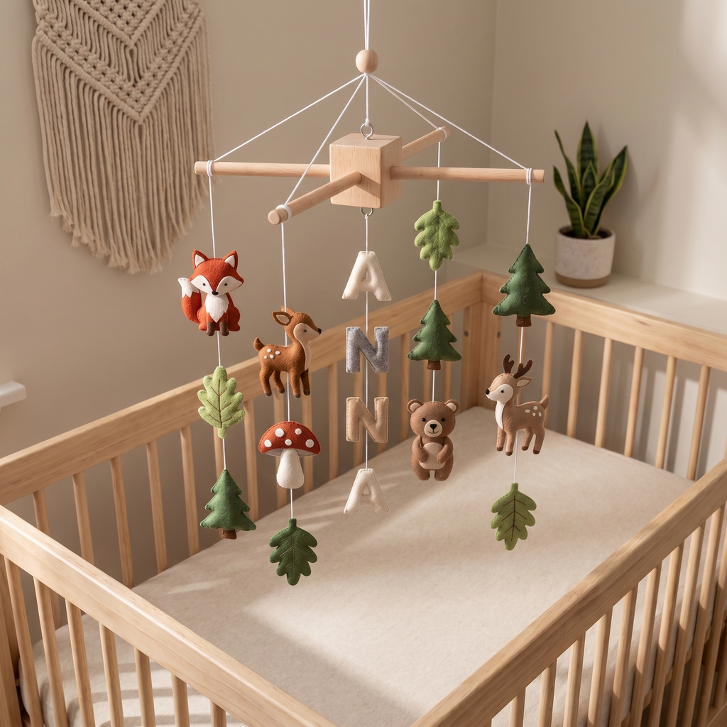Handmade personalized felt baby mobile featuring forest animals, pine trees, and leaves, with the name 'ANNA' hanging over a wooden baby crib, woodland nursery decor