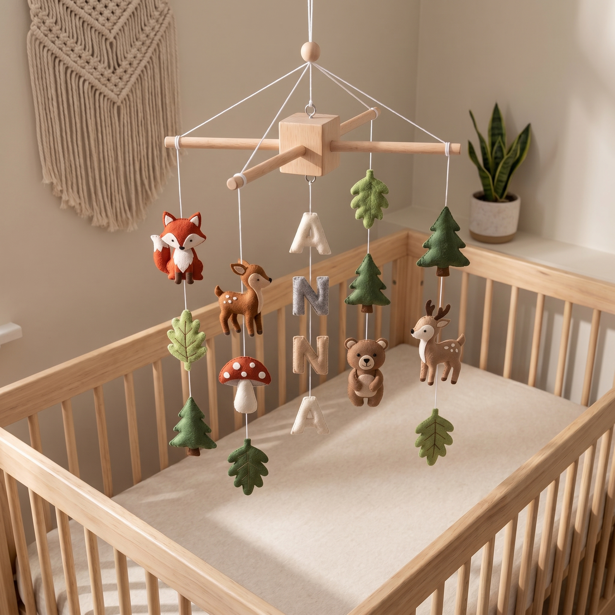 Handmade personalized felt baby mobile featuring forest animals, pine trees, and leaves, with the name 'ANNA' hanging over a wooden baby crib, woodland nursery decor
