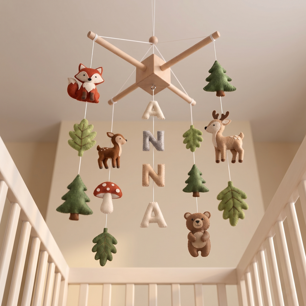 Baby Mobile, Personalized Felt Forest Theme Decor, Woodland Animal Crib Mobile, Newborn Keepsake Gift