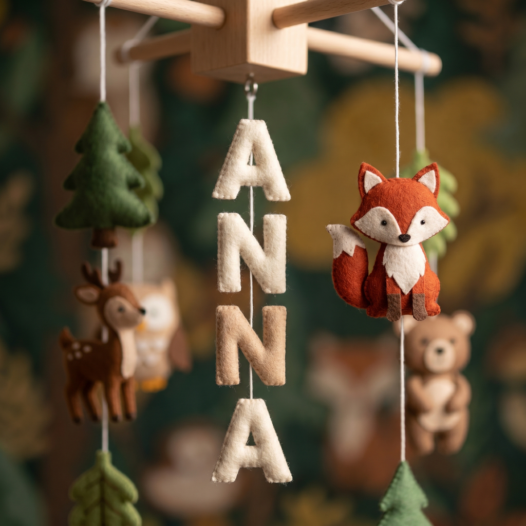Baby Mobile, Personalized Felt Forest Theme Decor, Woodland Animal Crib Mobile, Newborn Keepsake Gift