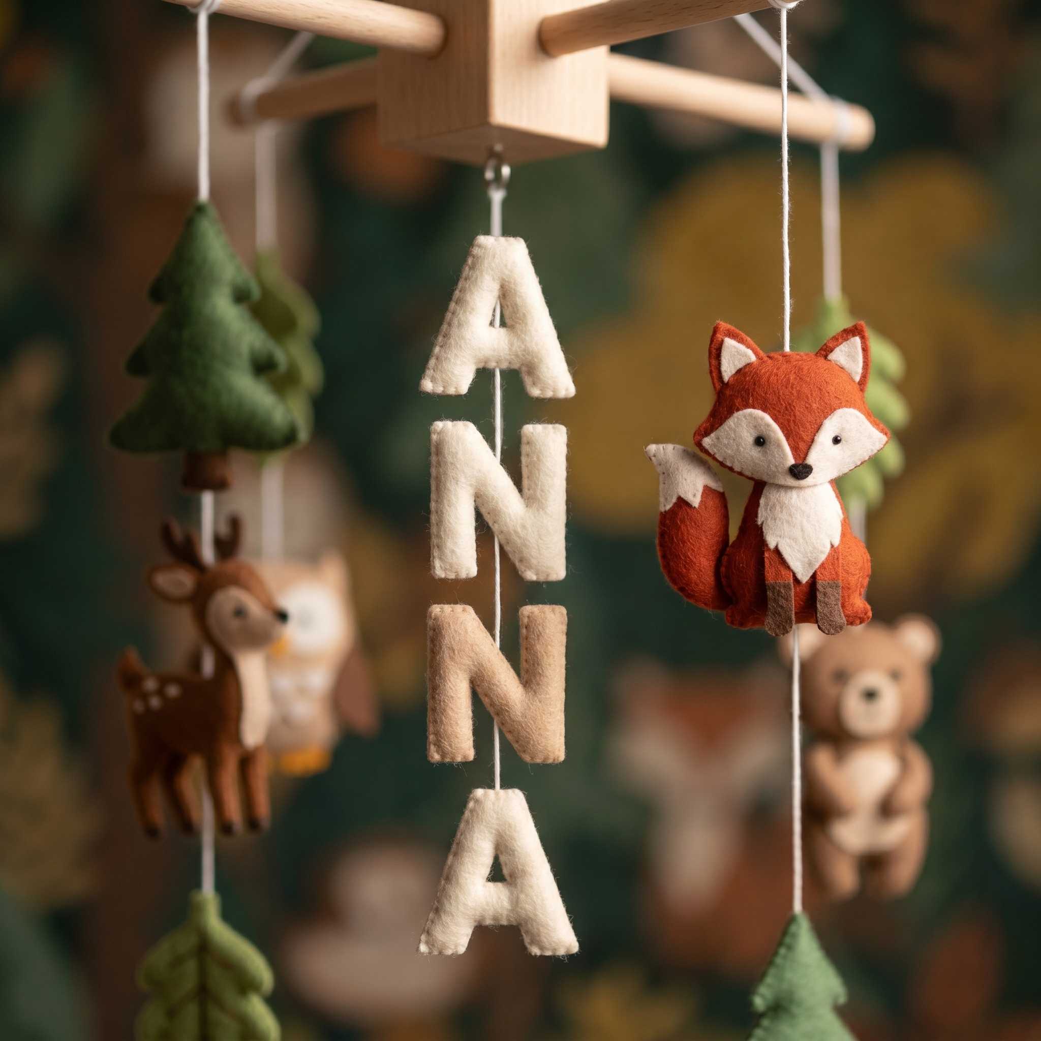 Baby Mobile, Personalized Felt Forest Theme Decor, Woodland Animal Crib Mobile, Newborn Keepsake Gift