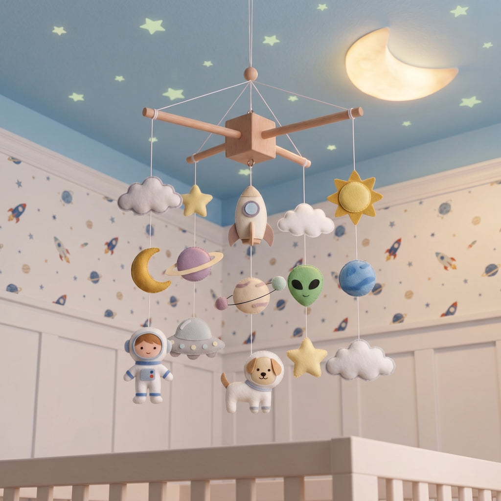 Baby Mobile, Outer Space Nursery Mobile, Felt Crib Decor, Astronaut Baby Room Hanging