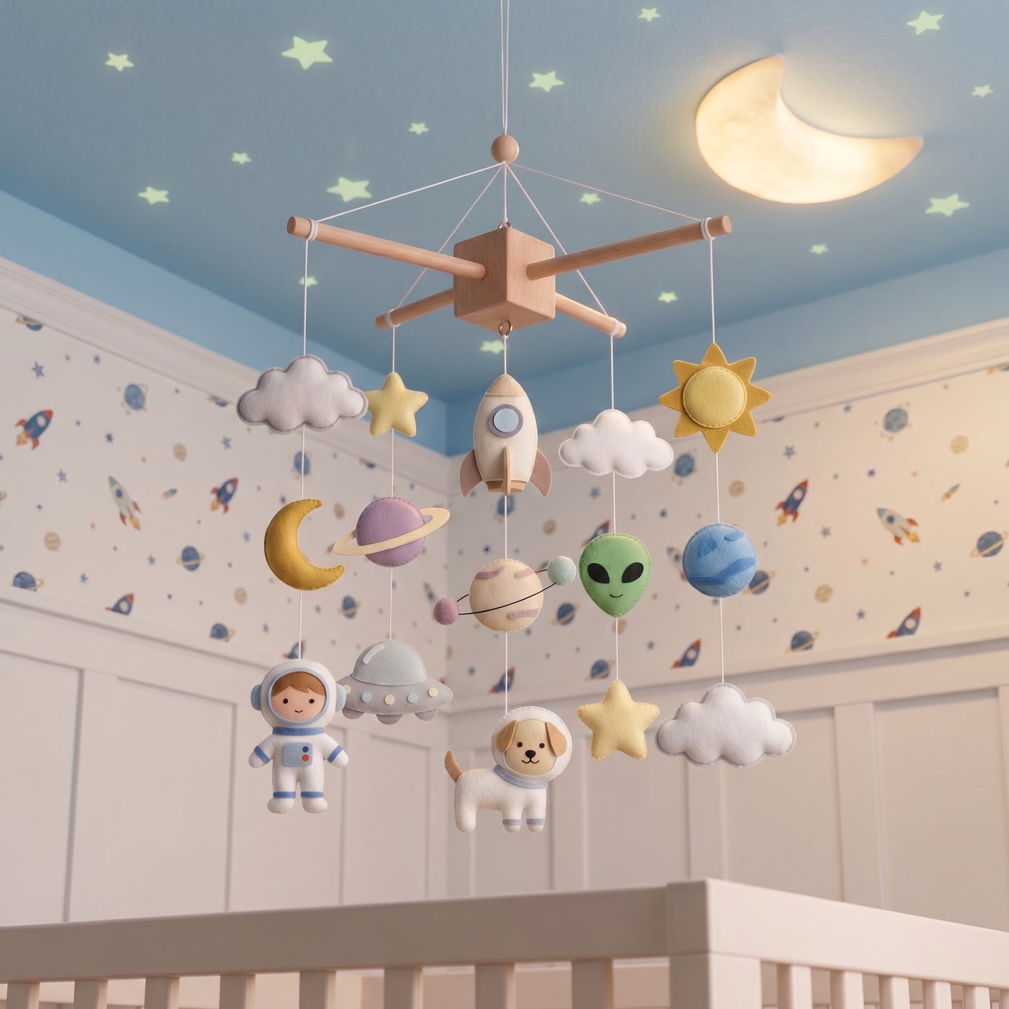 Baby Mobile, Outer Space Nursery Mobile, Felt Crib Decor, Astronaut Baby Room Hanging