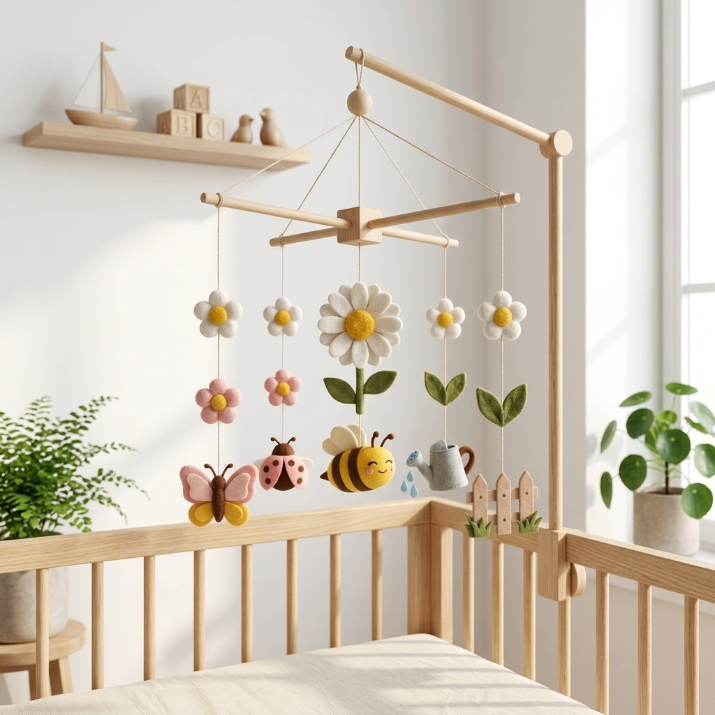 Handmade felt bee garden baby mobile with daisy flowers, butterfly, ladybug, watering can, and garden fence hanging above a wooden crib.