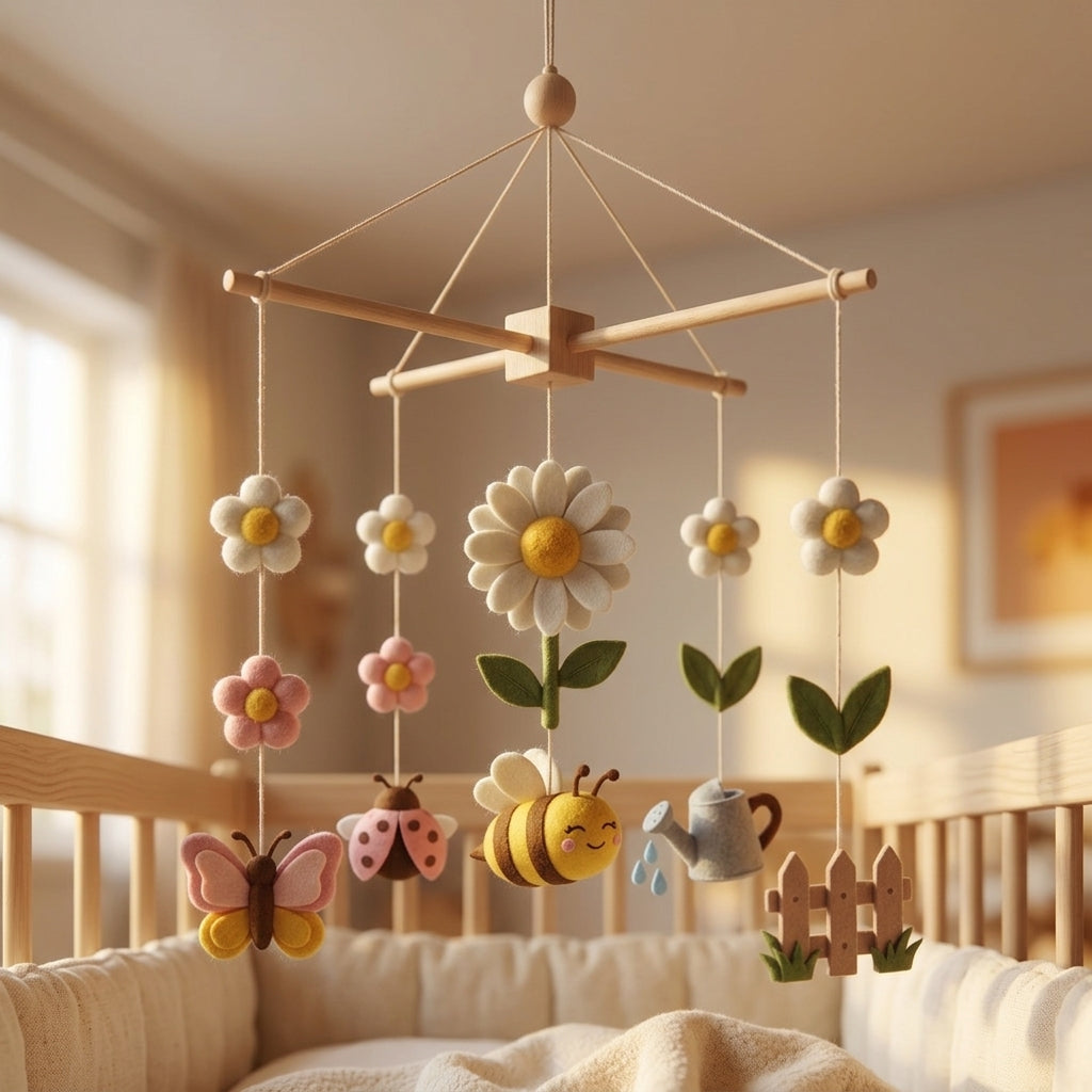 Bee Garden Felt Baby Mobile, Daisy Crib Mobile, Floral Nursery Decor, Baby Shower Gift for Newborn