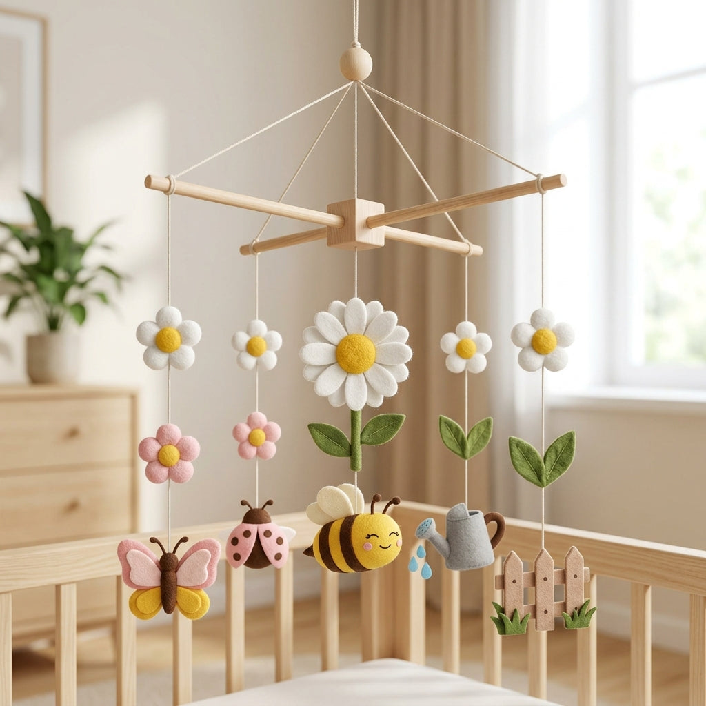 Bee Garden Felt Baby Mobile, Daisy Crib Mobile, Floral Nursery Decor, Baby Shower Gift for Newborn