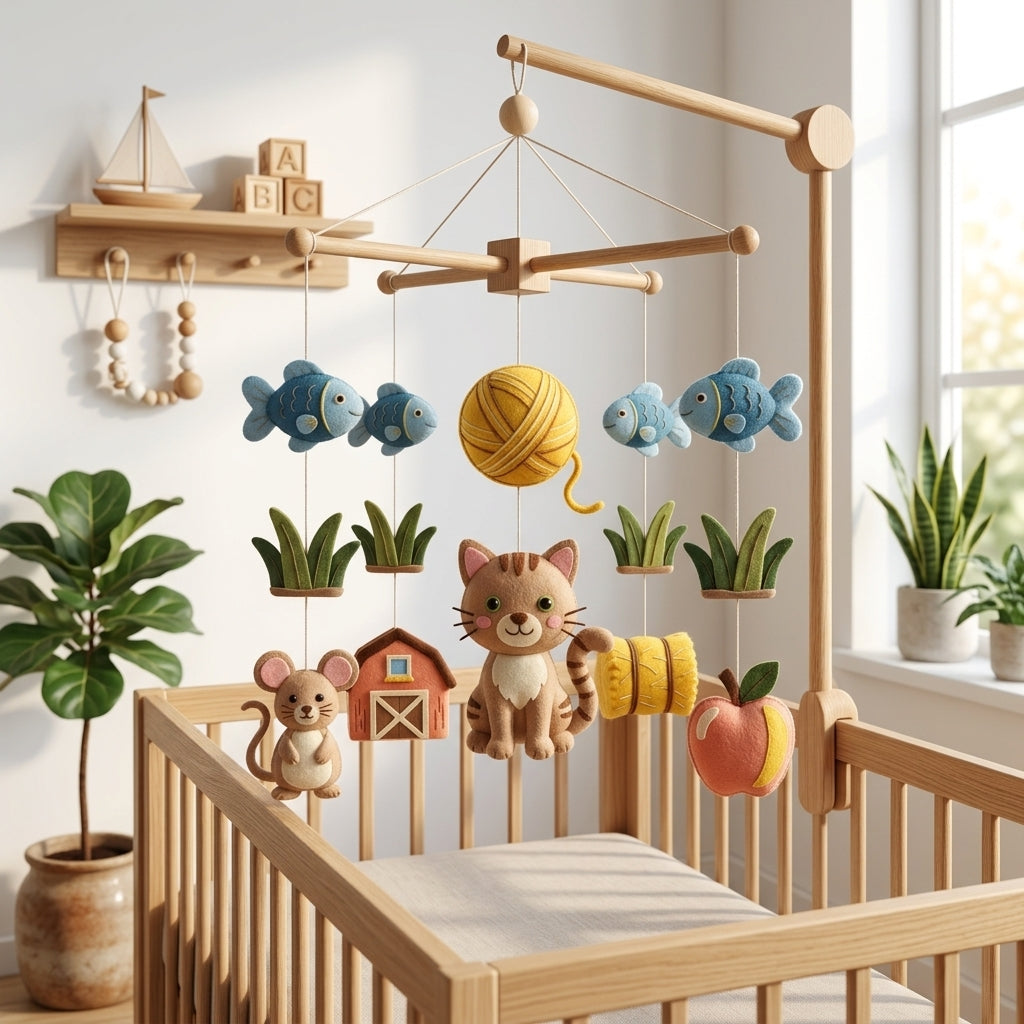 Cat Farm Felt Baby Mobile, Kitten Crib Mobile, Farm Animal Nursery Decor, Baby Shower Gift for Newborn