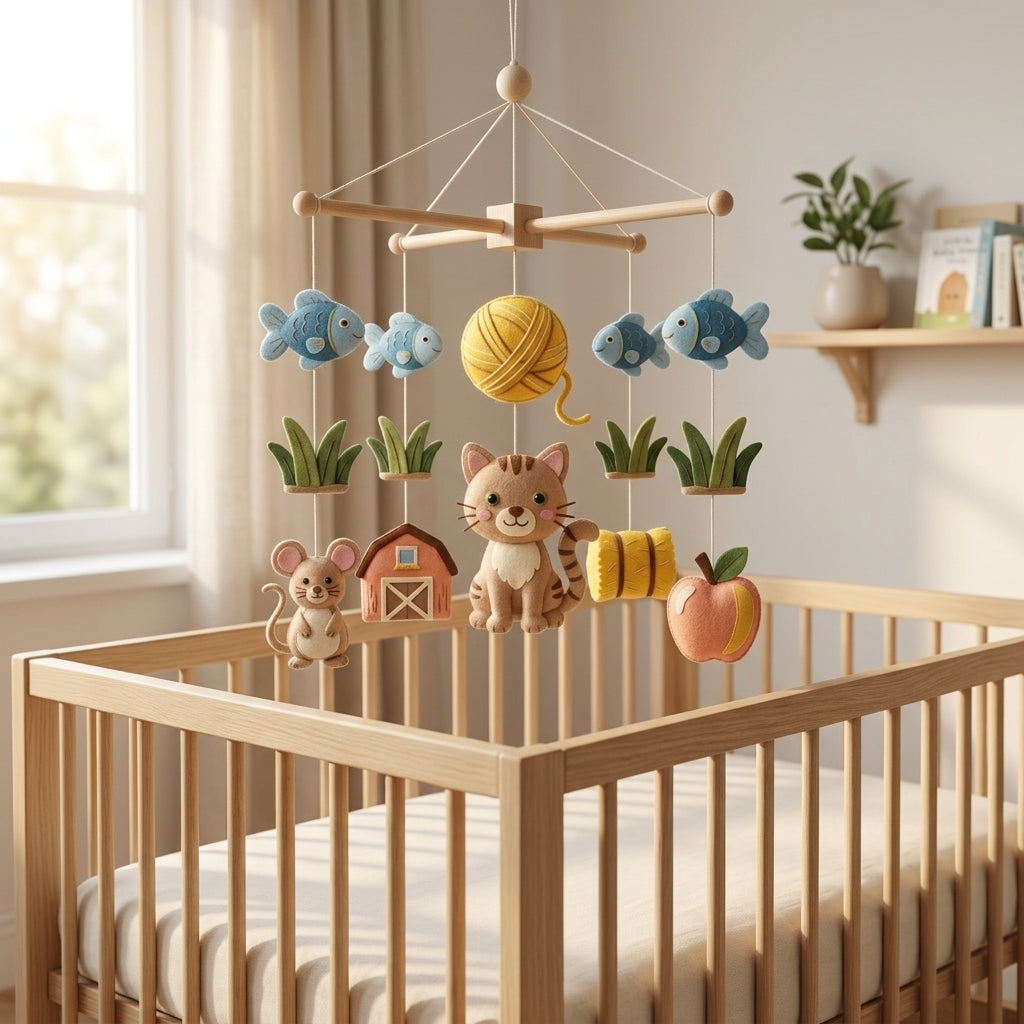 Cat Farm Felt Baby Mobile, Kitten Crib Mobile, Farm Animal Nursery Decor, Baby Shower Gift for Newborn
