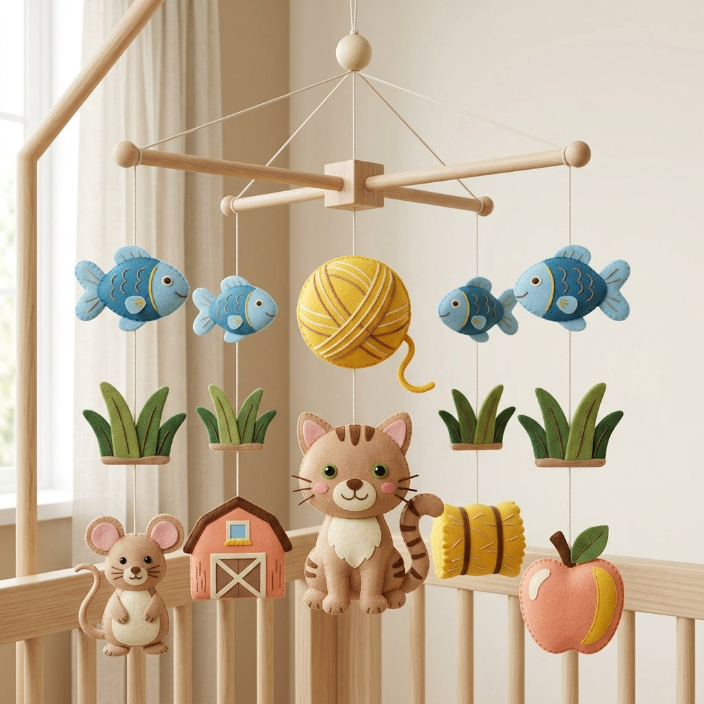 Cat Farm Felt Baby Mobile, Kitten Crib Mobile, Farm Animal Nursery Decor, Baby Shower Gift for Newborn