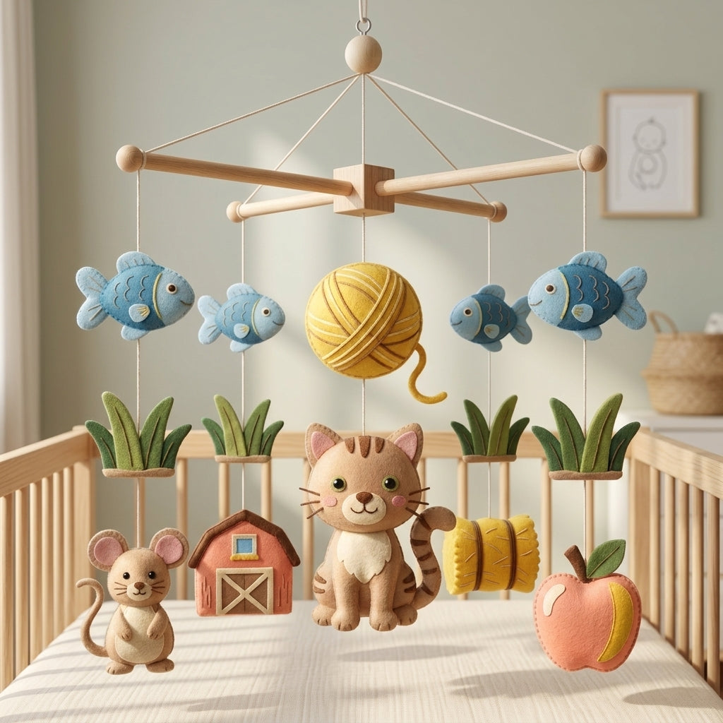 Cat Farm Felt Baby Mobile, Kitten Crib Mobile, Farm Animal Nursery Decor, Baby Shower Gift for Newborn