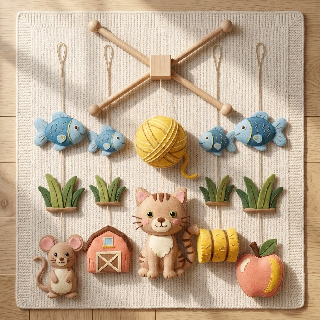Cat Farm Felt Baby Mobile, Kitten Crib Mobile, Farm Animal Nursery Decor, Baby Shower Gift for Newborn