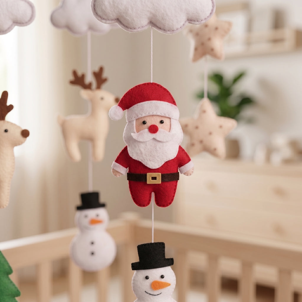 Christmas Nursery Mobile, Felt Crib Mobile, Snowman and Tree Baby Decor, Seasonal Newborn Gift
