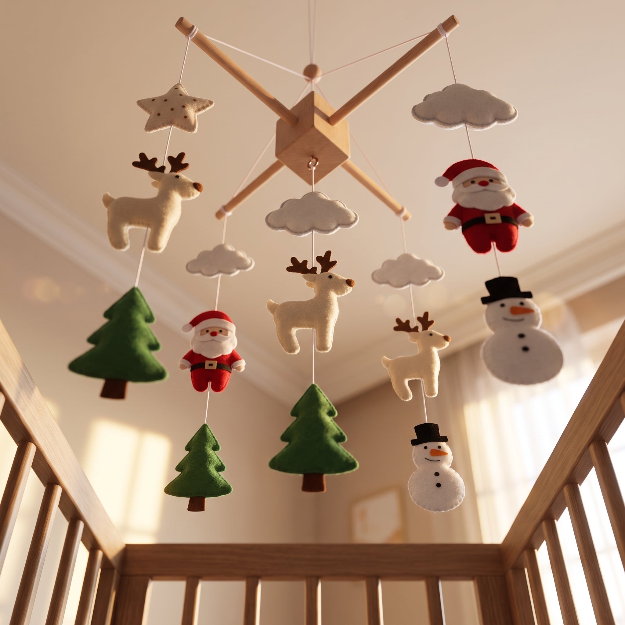 Christmas Nursery Mobile, Felt Crib Mobile, Snowman and Tree Baby Decor, Seasonal Newborn Gift