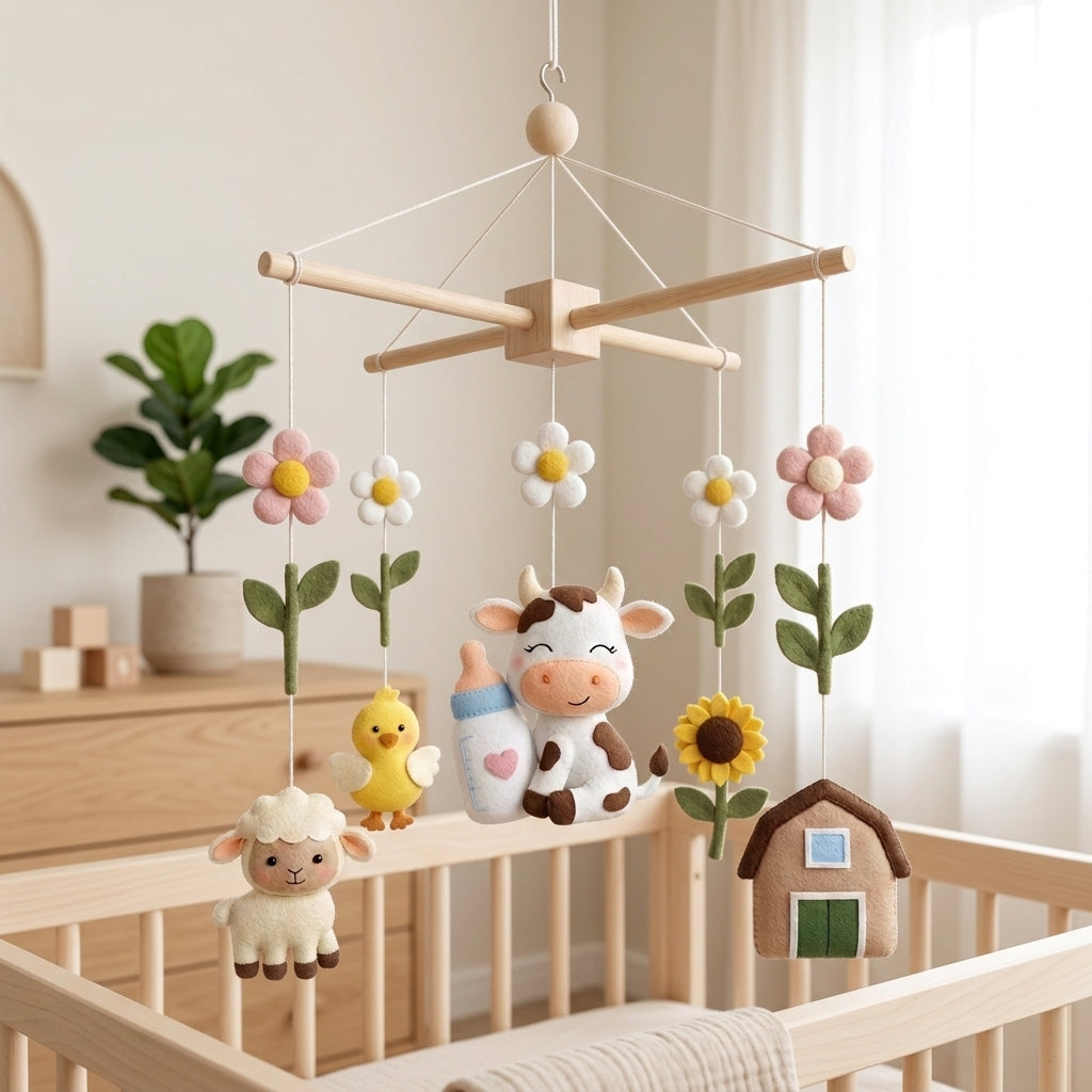 Cow Farm Felt Baby Mobile, Farm Animal Crib Mobile, Nursery Decor, Baby Shower Gift for Newborn