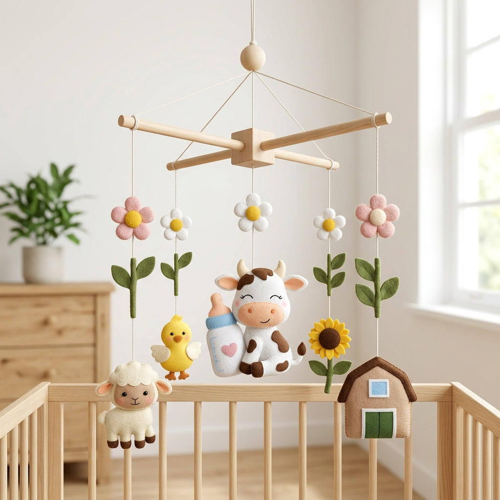 Cow Farm Felt Baby Mobile, Farm Animal Crib Mobile, Nursery Decor, Baby Shower Gift for Newborn