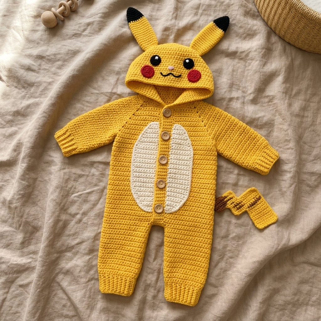 Crochet Baby Romper, Animal Baby Romper, Hooded Baby Outfit, Pikachu Inspired Baby Costume, Newborn Photo Prop