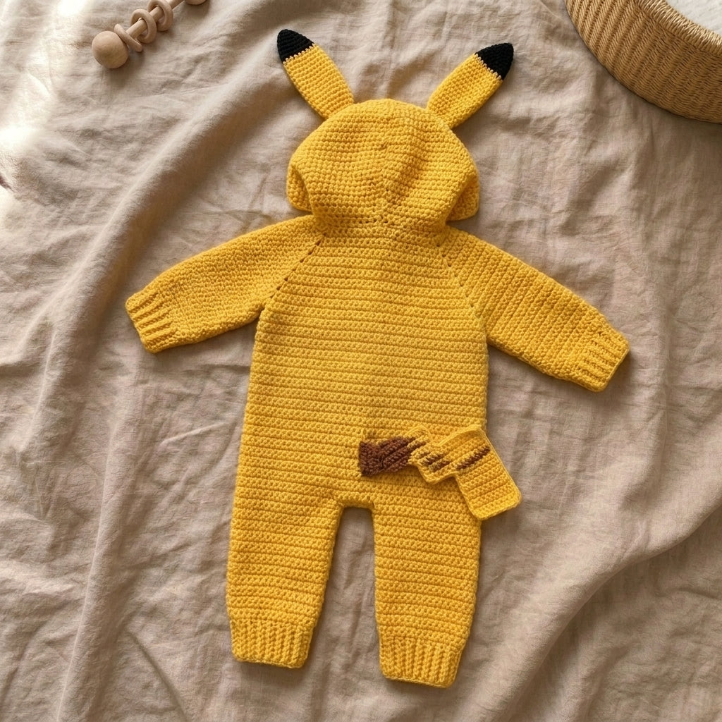 Crochet Baby Romper, Animal Baby Romper, Hooded Baby Outfit, Pikachu Inspired Baby Costume, Newborn Photo Prop