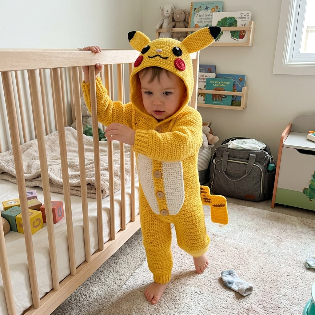 Crochet Baby Romper, Animal Baby Romper, Hooded Baby Outfit, Pikachu Inspired Baby Costume, Newborn Photo Prop