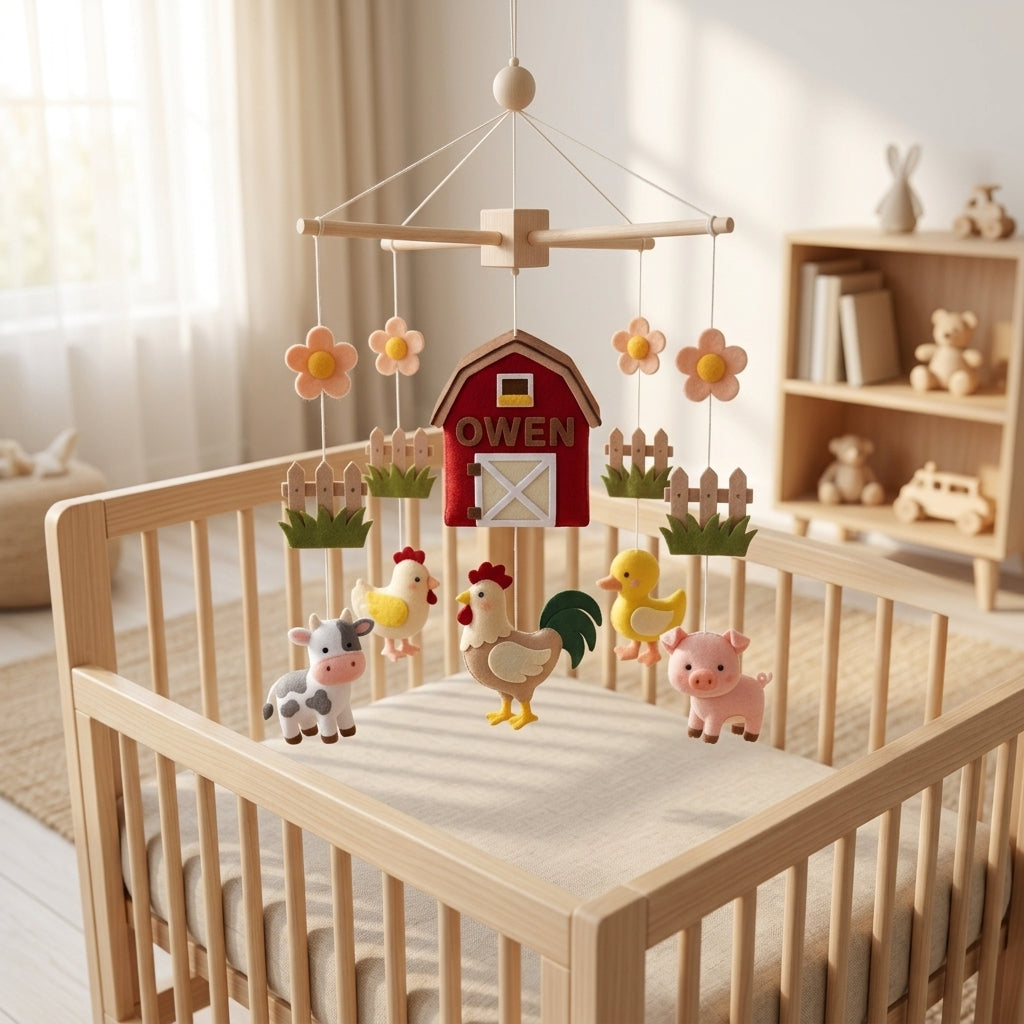 Custom Farm Nursery Mobile, Felt Crib Mobile, Cow and Pig Baby Decor, Unique Name Keepsake Gift