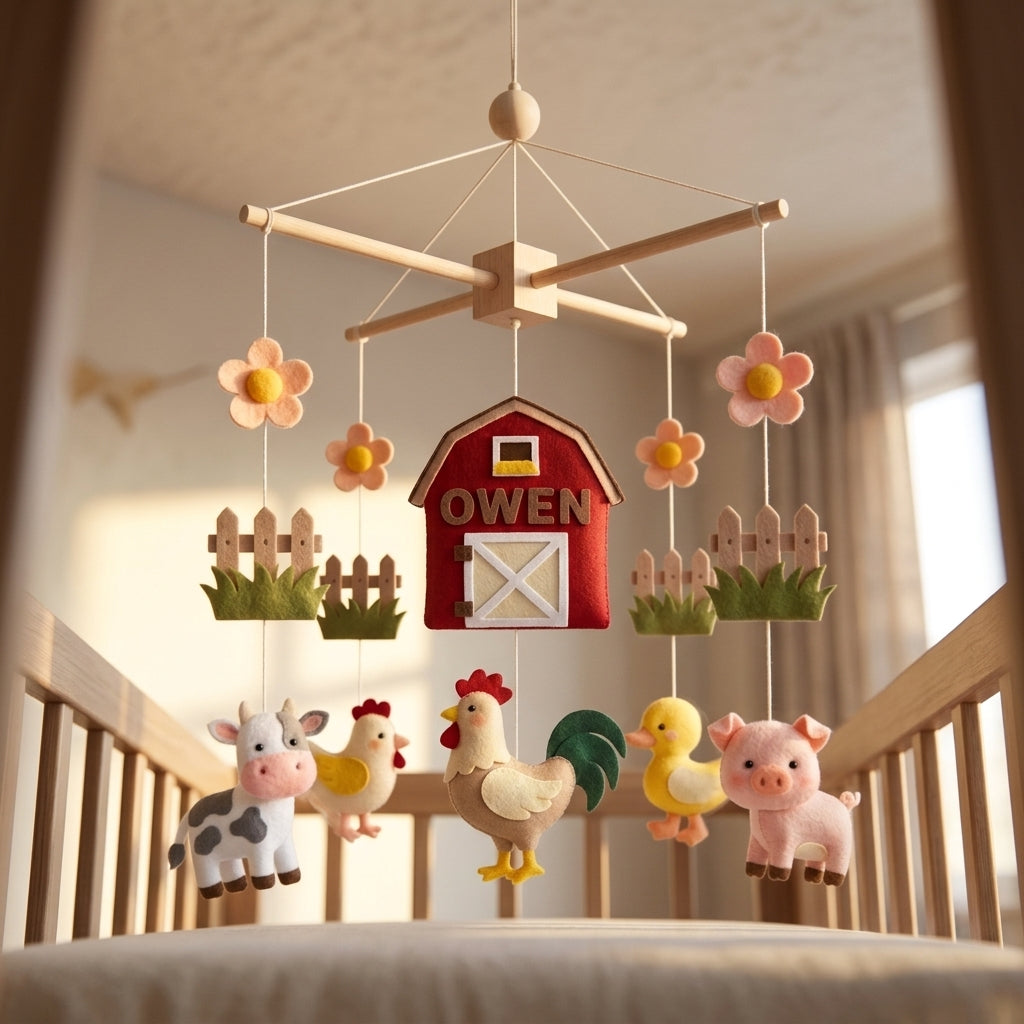 Custom Farm Nursery Mobile, Felt Crib Mobile, Cow and Pig Baby Decor, Unique Name Keepsake Gift