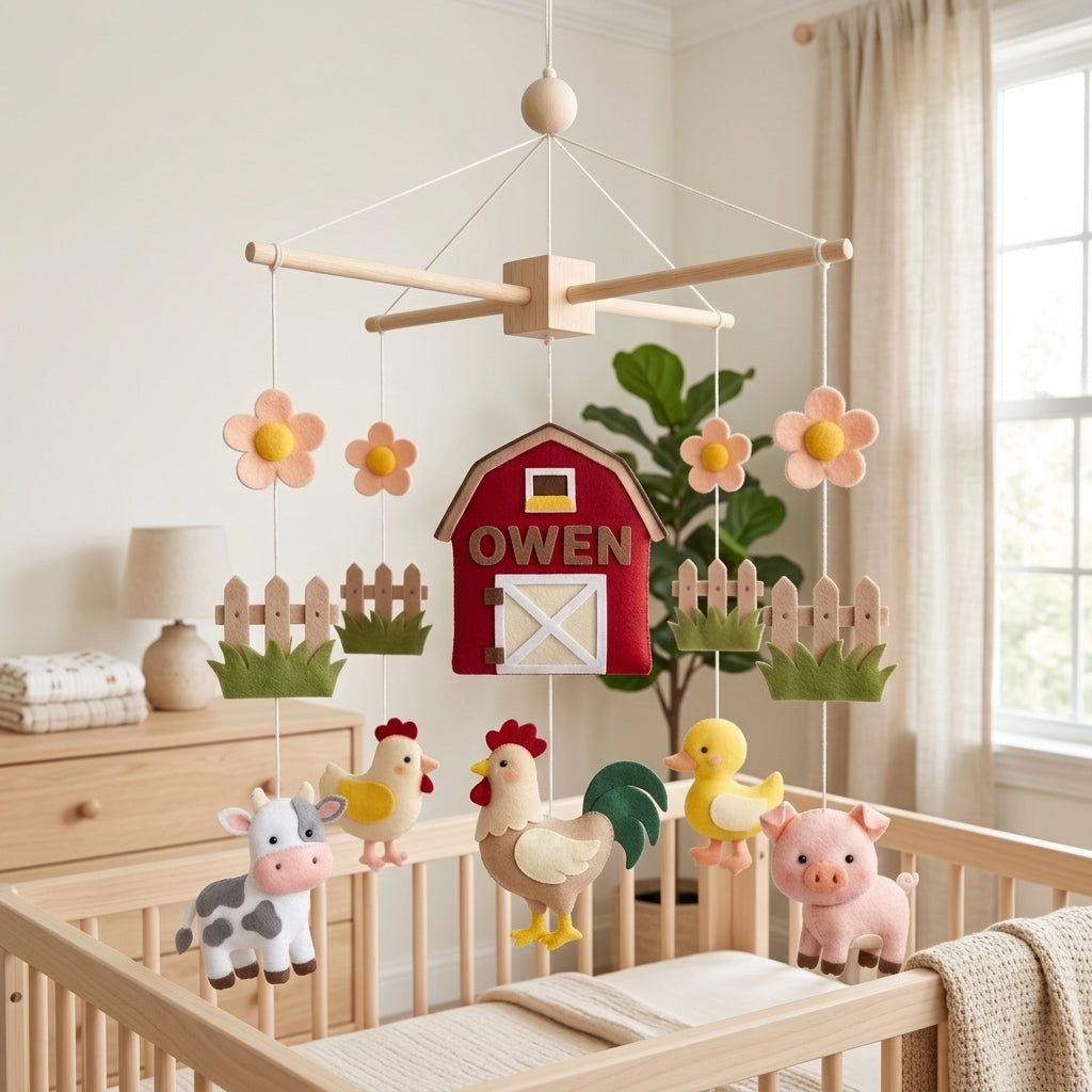 Custom Farm Nursery Mobile, Felt Crib Mobile, Cow and Pig Baby Decor, Unique Name Keepsake Gift