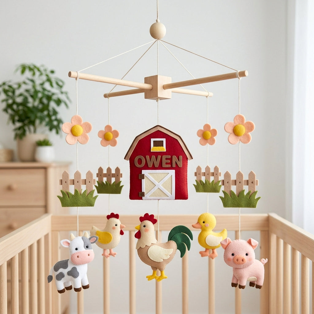 Custom Farm Nursery Mobile, Felt Crib Mobile, Cow and Pig Baby Decor, Unique Name Keepsake Gift