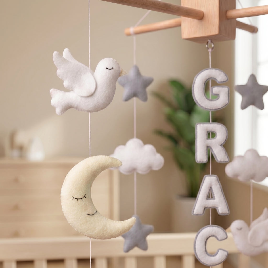 Custom Felt Mobile, Heavenly Nursery Decor, Dove and Cloud Crib Mobile, Keepsake Gift for Newborn