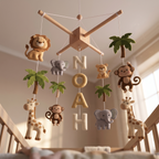 Handmade personalized felt baby mobile featuring wild safari animals and palm trees, with the name 'NOAH' hanging over a wooden baby crib, jungle nursery decor