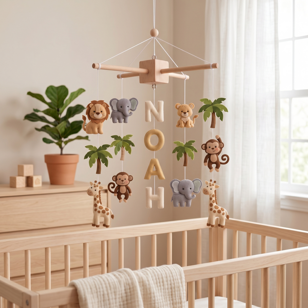 Custom Felt Mobile, Jungle Nursery Decor, Lion and Elephant Crib Mobile, Unique Baby Name Gift