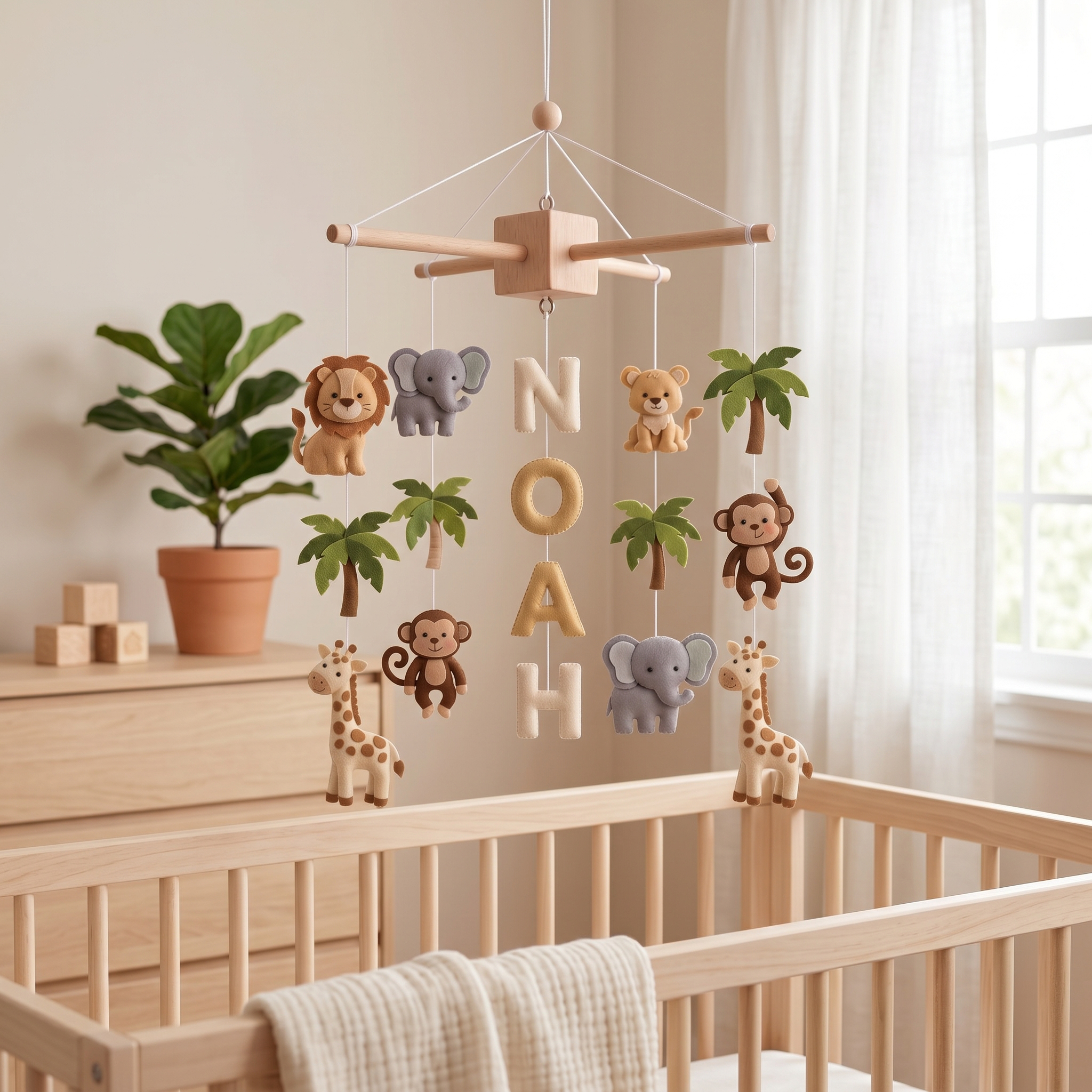 Custom Felt Mobile, Jungle Nursery Decor, Lion and Elephant Crib Mobile, Unique Baby Name Gift