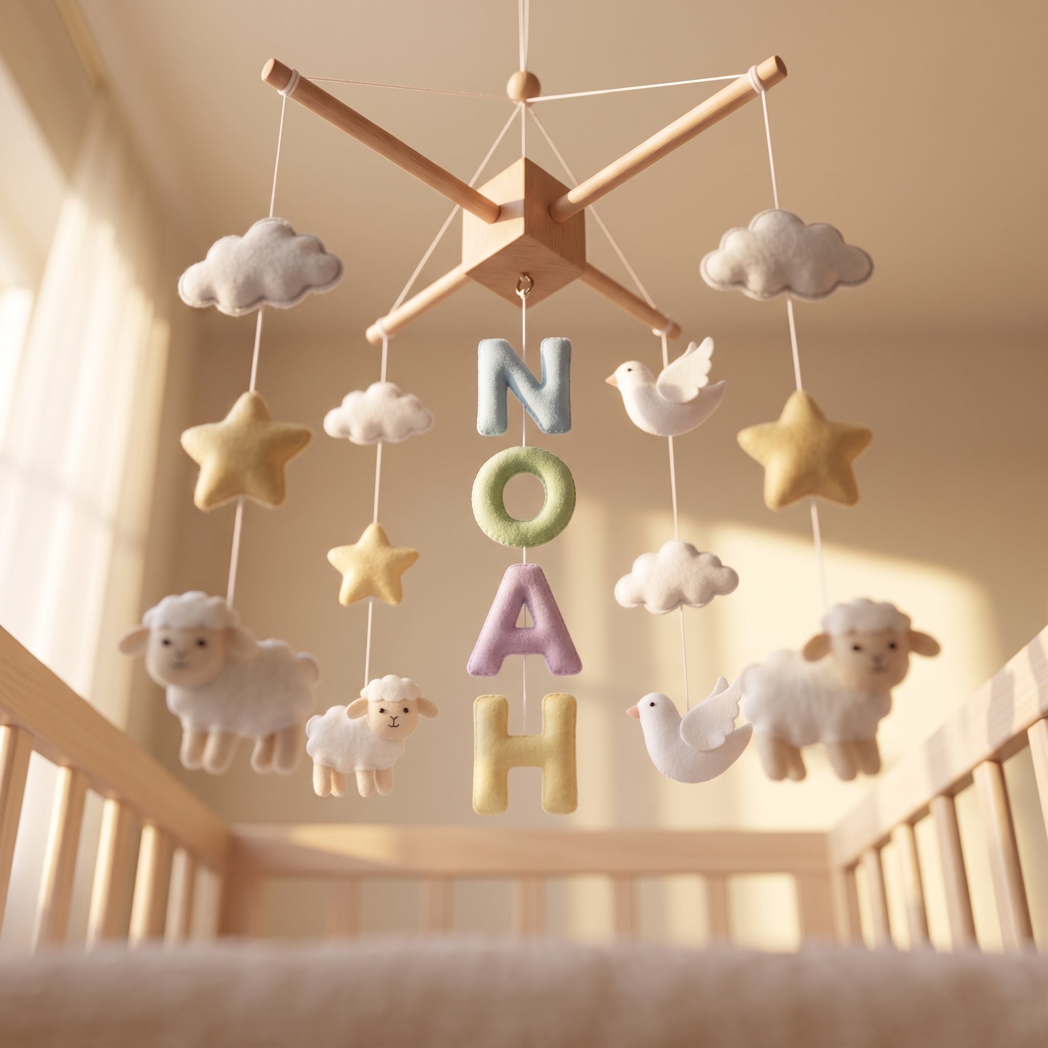 Custom Felt Mobile, Peaceful Nursery Decor, Lamb and Bird Crib Mobile, Unique Keepsake Gift for Newborn