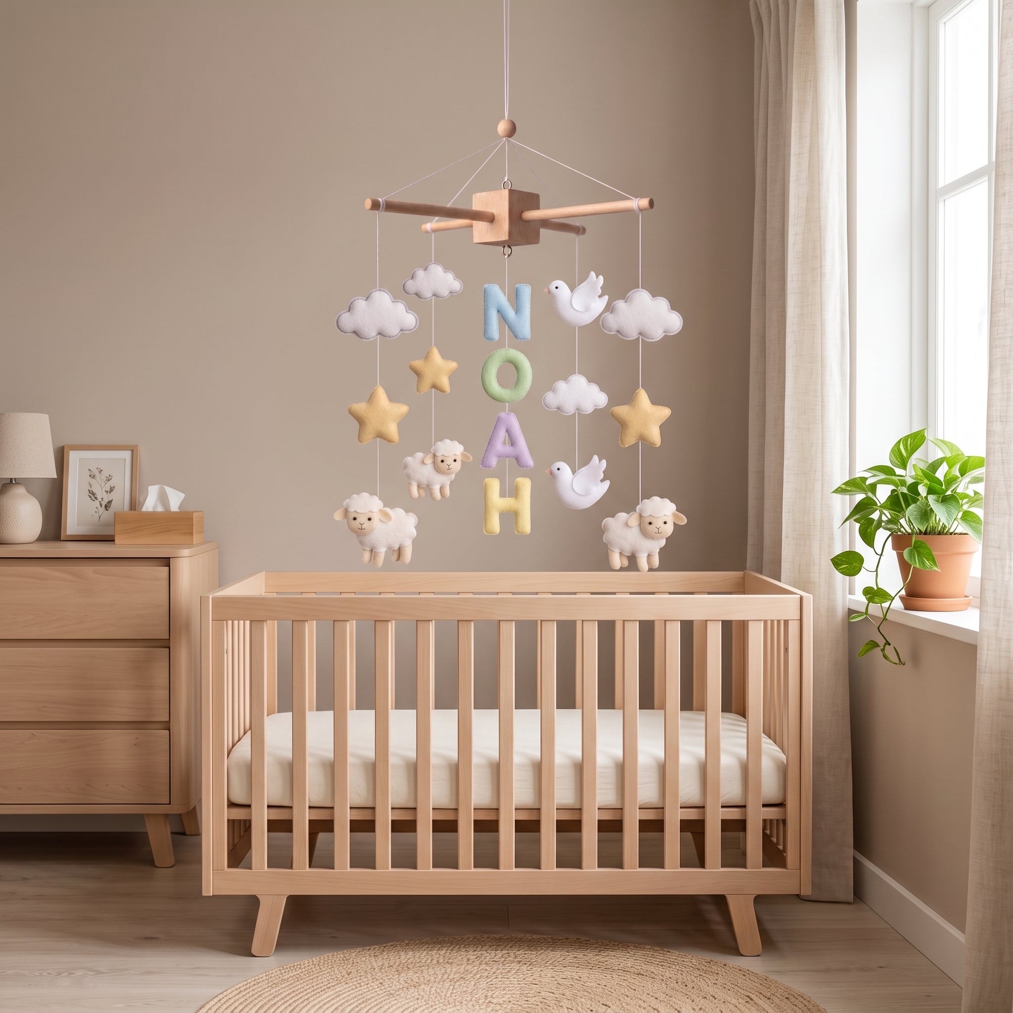 Custom Felt Mobile, Peaceful Nursery Decor, Lamb and Bird Crib Mobile, Unique Keepsake Gift for Newborn