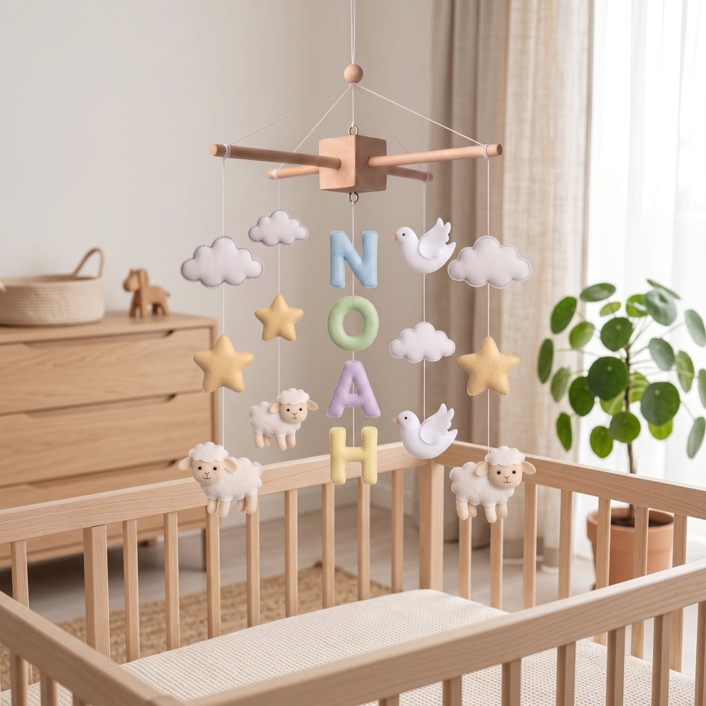 Handmade personalized felt baby mobile with sheep, peace doves, stars, and clouds, featuring the name 'NOAH' hanging over a wooden baby crib, peaceful nursery decor